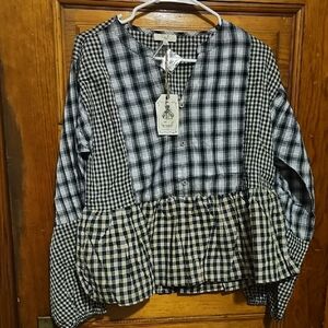 NWT EASEL Checks Patchy Halfway ButtonUp 100%cotton Blouse M